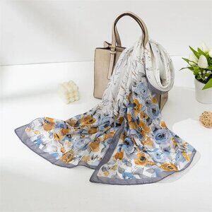 2/$30 Floral Chiffon Lightweight Scarf Gray Yellow Blue Flower Silk Feel Shawl